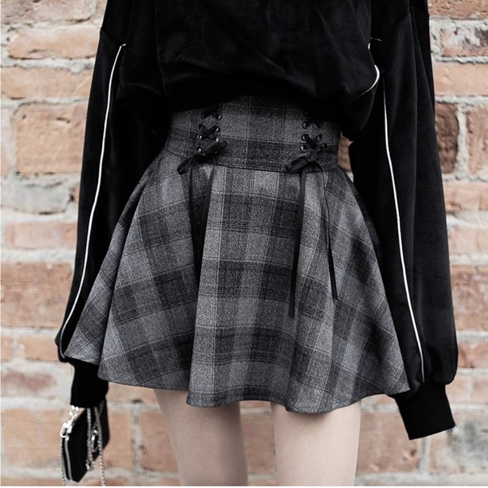 😍 Plaid Goth Mini Skirt Lace Up Bow Tie Sides Wide Waistband A Line Circle Twirl